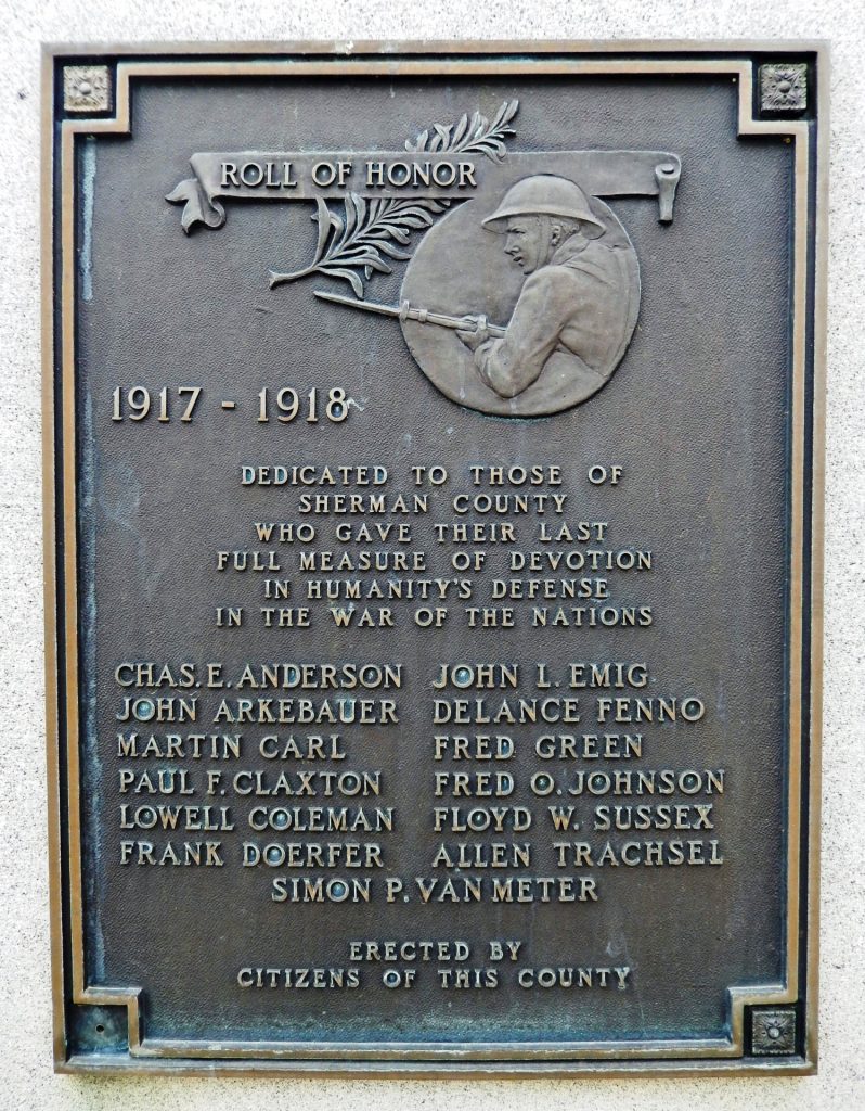SHERMAN COUNTY WAR OF THE NATIONS ROLL OF HONOR MEMORIAL PLAQUE