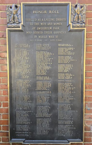 SWISSHELM PARK HONOR ROLL WORLD WAR II MEMORIAL PLAQUE