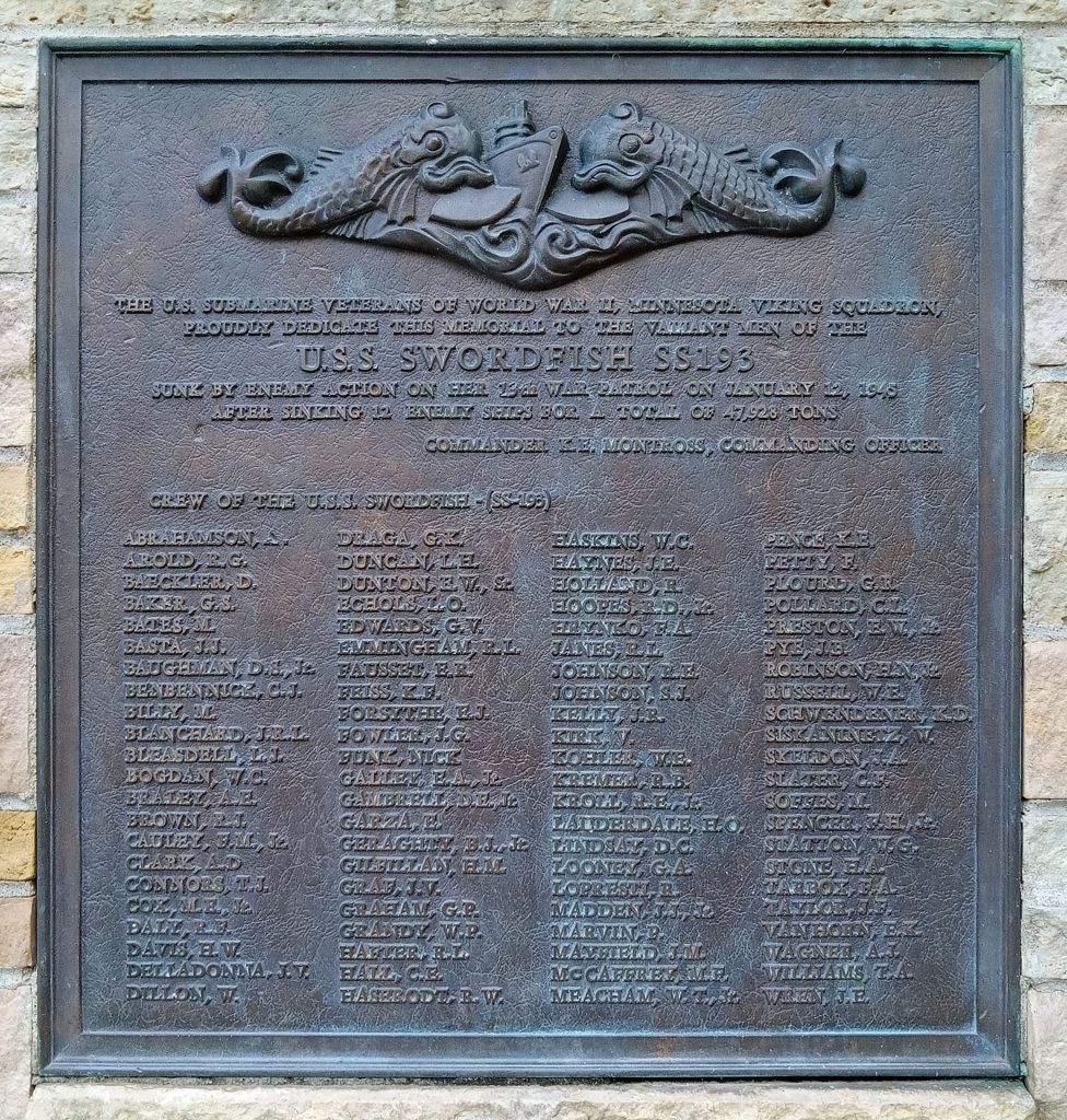 U.S.S. SWORDFISH SS193 WAR MEMORIAL PLAQUE A