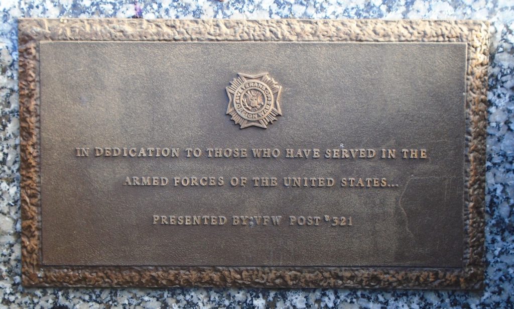 V.F.W. POST 321 ARMED FORCES WAR MEMORIAL PLAQUE