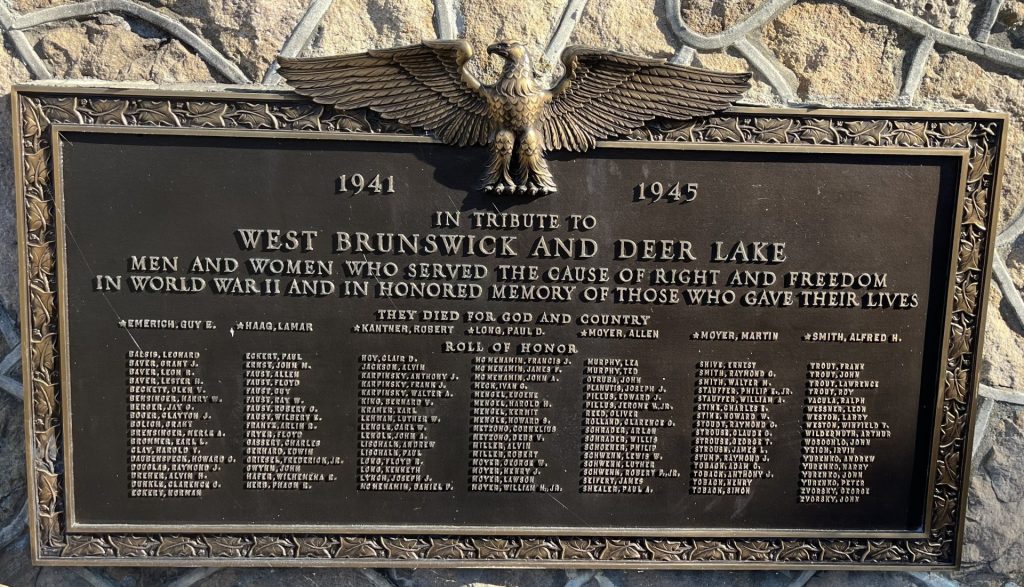 WEST BRUNSWICK AND DEER LAKE WORLD WAR II MEMORIAL PLAQUE