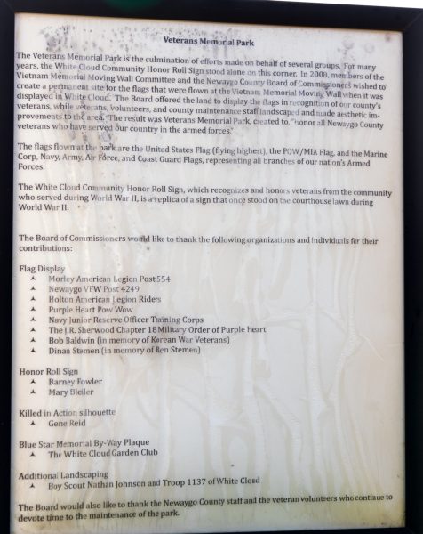 WHITE CLOUD VETERANS MEMORIAL PARK PLAQUE