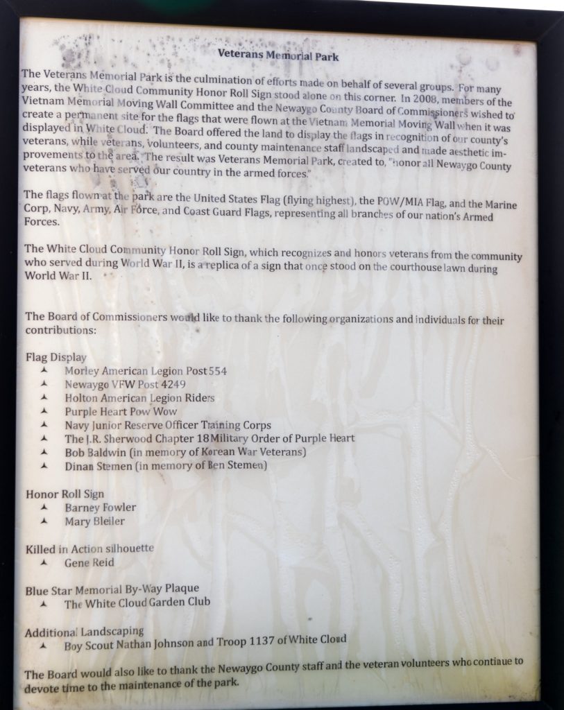 WHITE CLOUD VETERANS MEMORIAL PARK PLAQUE