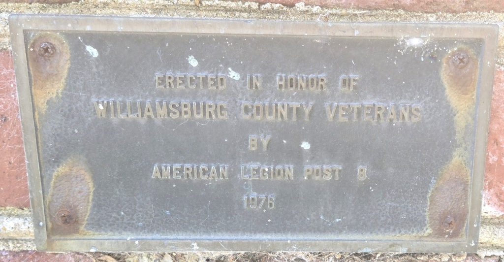WILLIAMSBURG COUNTY VETERANS MEMORIAL BELL PLAQUE