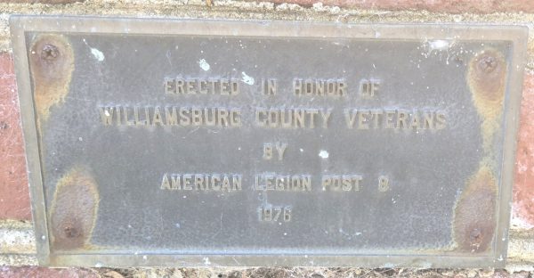 WILLIAMSBURG COUNTY VETERANS MEMORIAL BELL PLAQUE