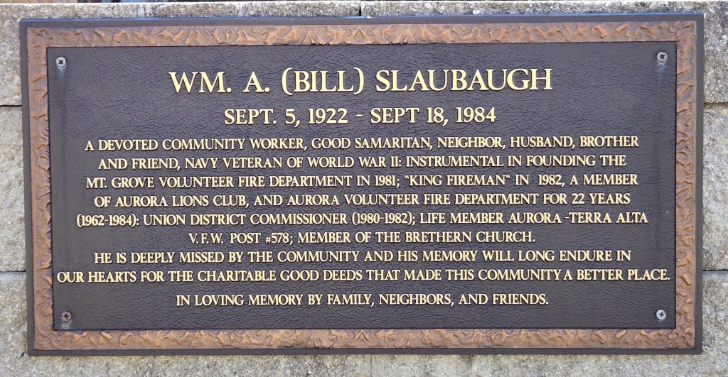 WM. A. (BILL) SLAVBAUGH WAR MEMORIAL PLAQUE
