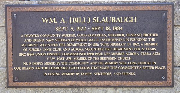 WM. A. (BILL) SLAVBAUGH WAR MEMORIAL PLAQUE