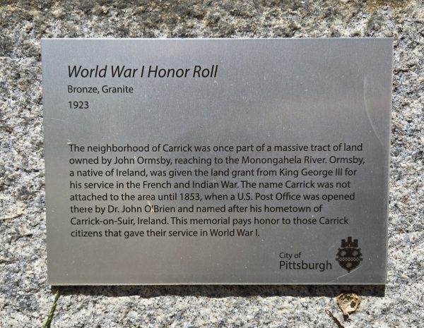 WORLD WAR I HONOR ROLL BRONZE GRANITE MEMORIAL PLAQUE
