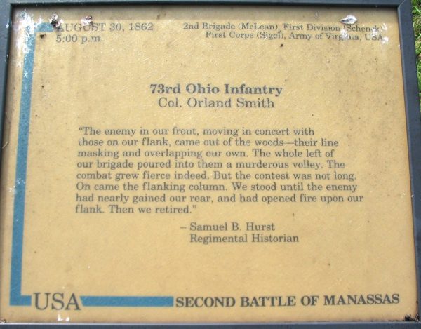73RD OHIO INFANTRY SECOND BATTLE OF MANASSAS WAR MEMORIAL PLAQUE