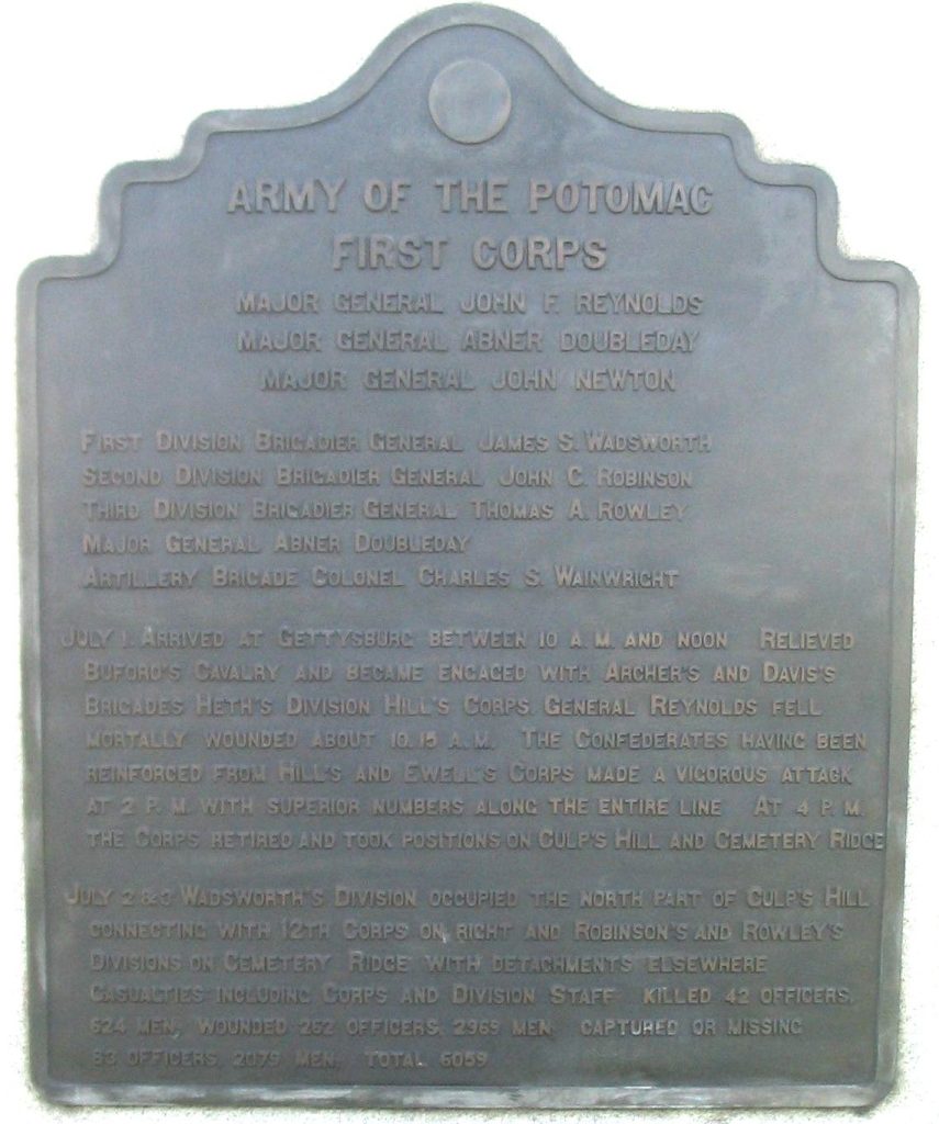ARMY OF THE POTOMAC FIRST CORPS WAR MEMORIAL PLAQUE