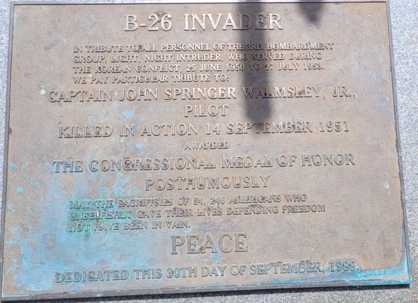 B-26 INVADER MEDAL OF HONOR WAR MEMORIAL PLAQUE