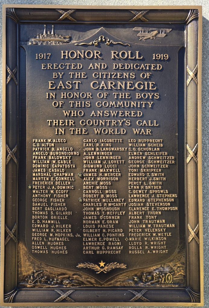 CITIZENS OF EAST CARNEGIE WORLD WAR MEMORIAL PLAQUE