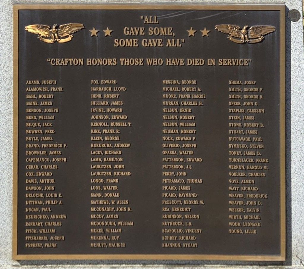 CRAFTON BOROUGH ARMED FORCES WAR MEMORIAL PLAQUE B