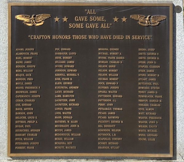 CRAFTON BOROUGH ARMED FORCES WAR MEMORIAL PLAQUE B