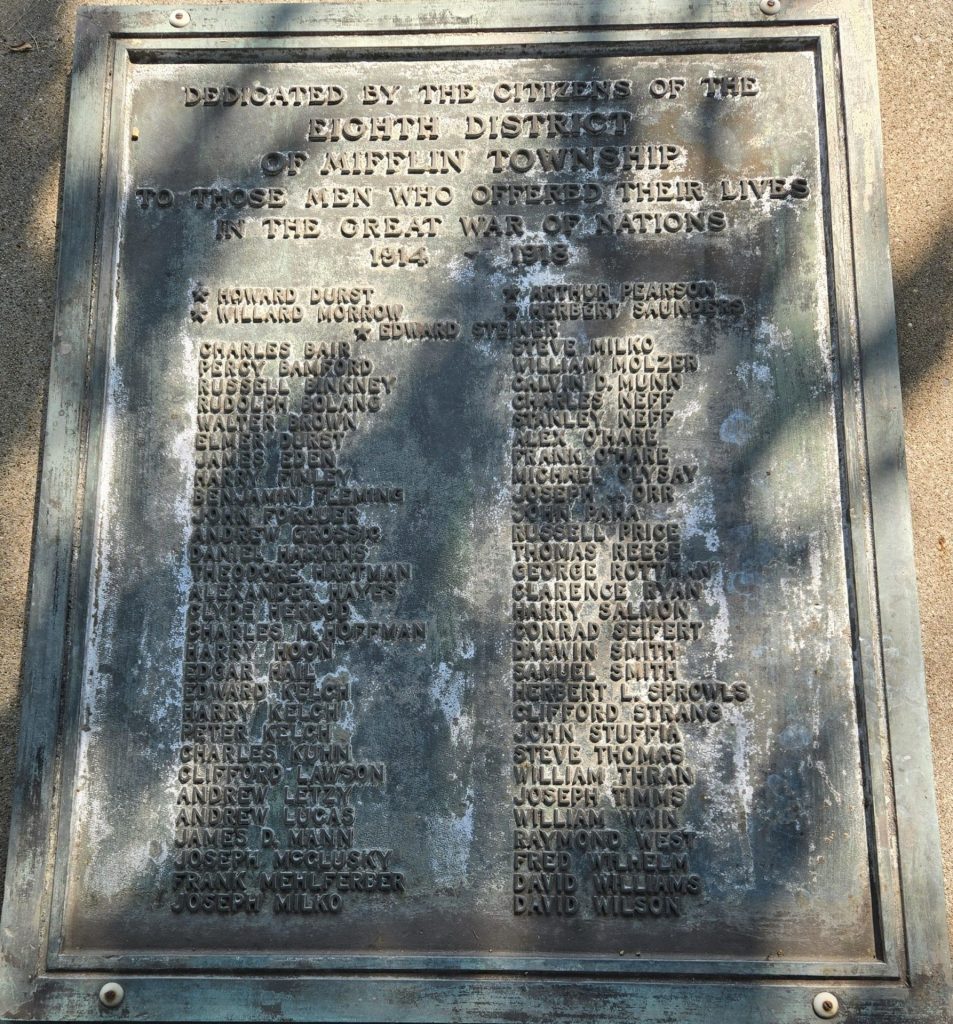 EIGHT DISTRICT OF MIFFLIN TOWNSHIP GREAT WAR HONOR ROLL MEMORIAL PLAQUE