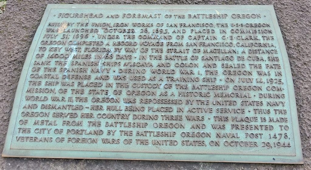 FIGUREHEAD AND FOREMAST OF THE BATTLESHIP OREGON MEMORIAL PLAQUE