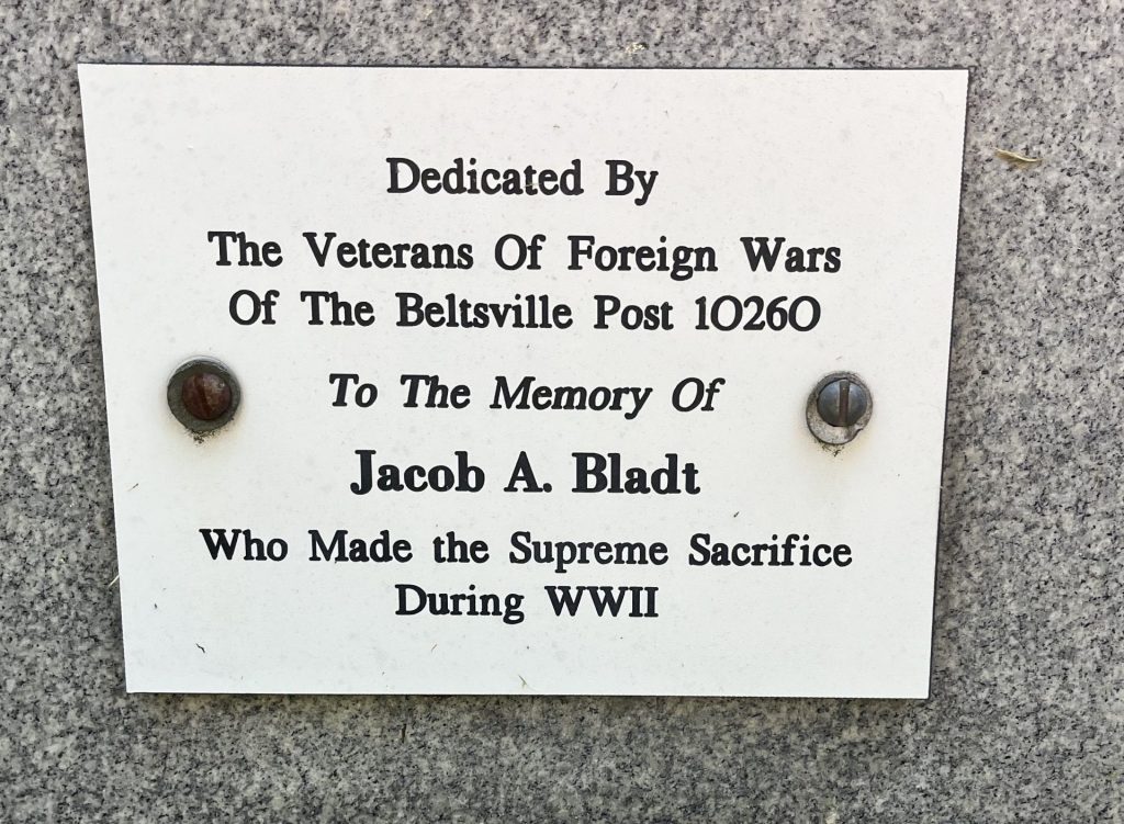 JACOB A. BLADT WAR MEMORIAL PLAQUE