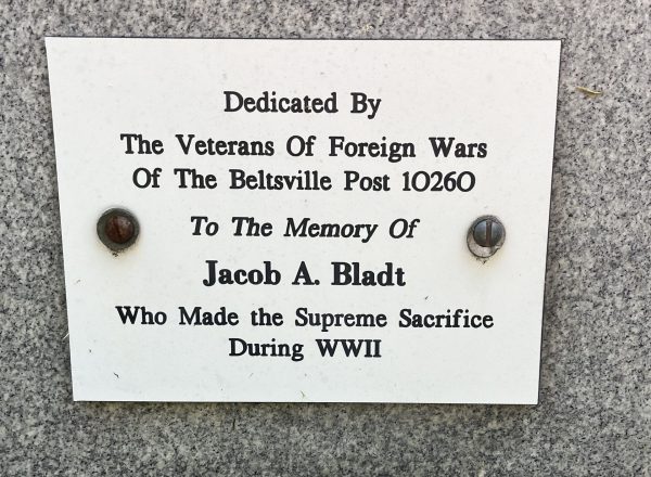 JACOB A. BLADT WAR MEMORIAL PLAQUE