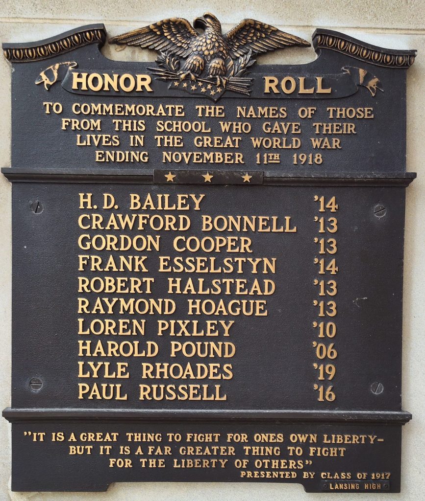LANSING HIGH SCHOOL WORLD WAR HONOR ROLL MEMORIAL PLAQUE