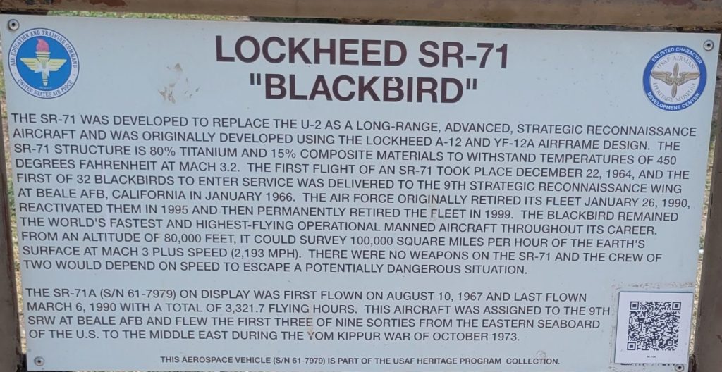 LOCKHEED SR-71 “BLACKBIRD” MEMORIAL AIRCRAFT PLAQUE LACKLAND