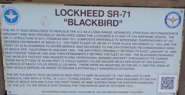 LOCKHEED SR-71 “BLACKBIRD” MEMORIAL AIRCRAFT PLAQUE LACKLAND