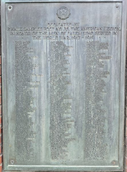 SALEM WORLD WAR HONOR ROLL MEMORIAL PLAQUE