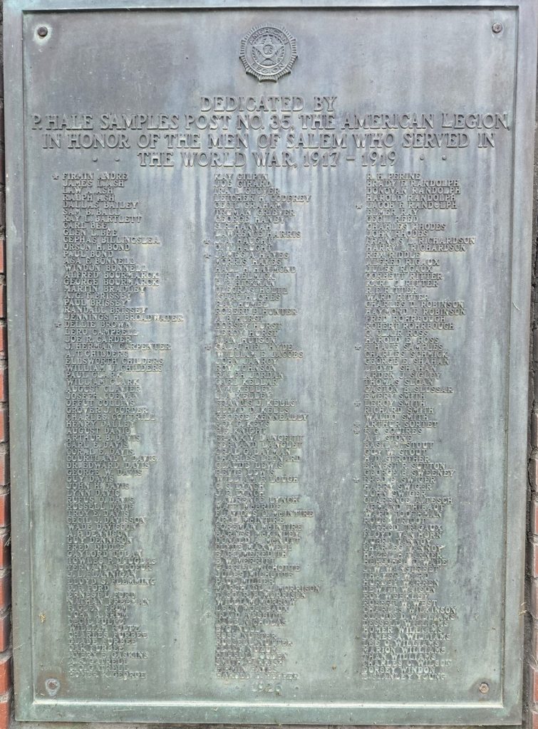 SALEM WORLD WAR HONOR ROLL MEMORIAL PLAQUE