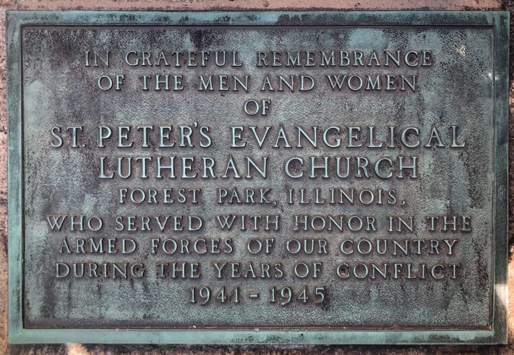 ST. PETER’S EVANGELICAL LUTHERAN CHURCH WORLD WAR II MEMORIAL PLAQUE