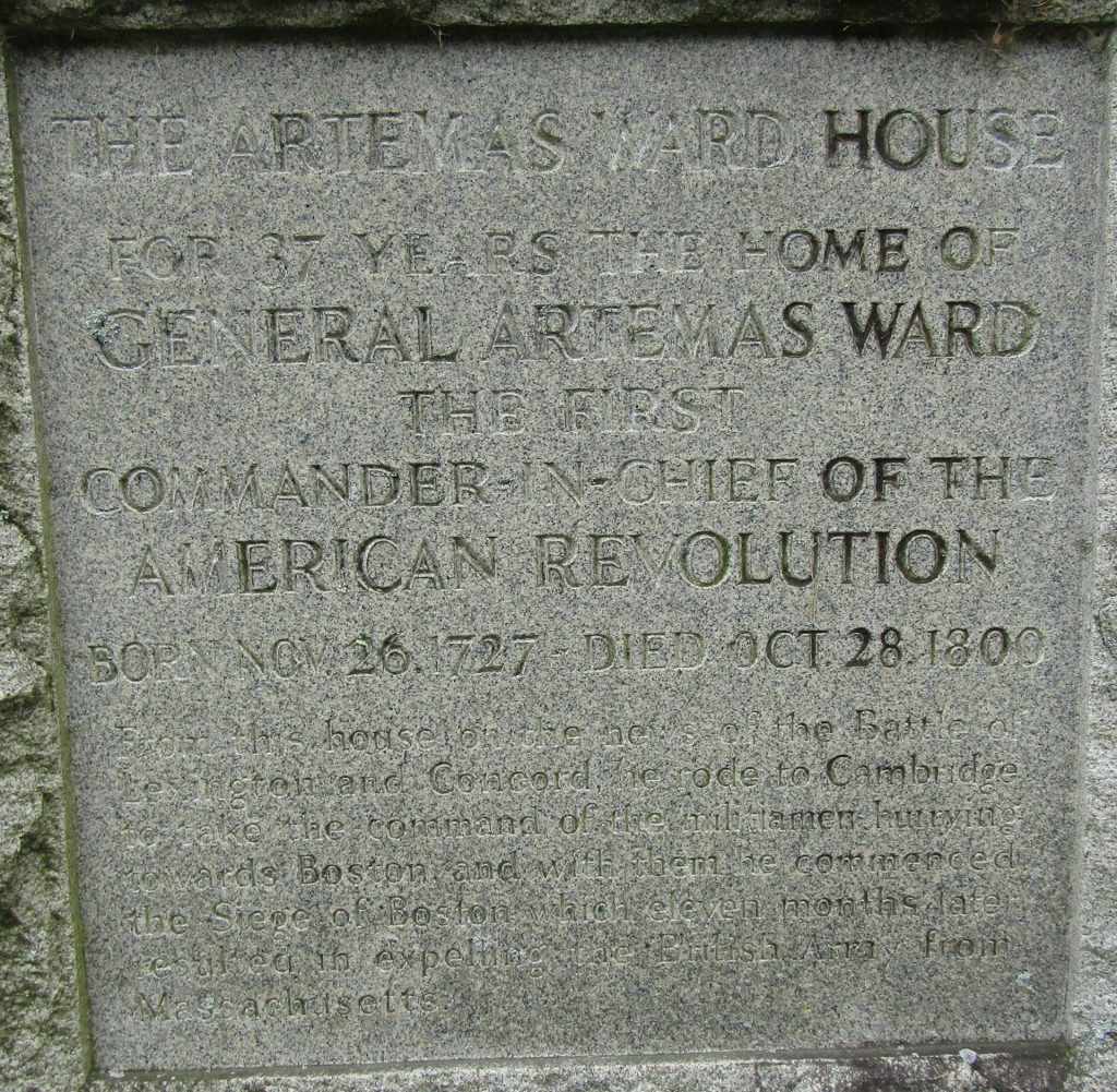 THE ARTEMAS WARD HOUSE REVOLUTIONARY WAR MEMORIAL PLAQUE
