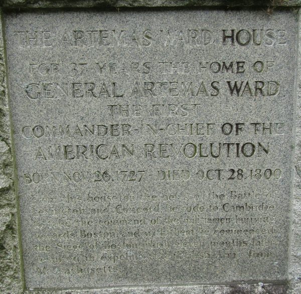 THE ARTEMAS WARD HOUSE REVOLUTIONARY WAR MEMORIAL PLAQUE