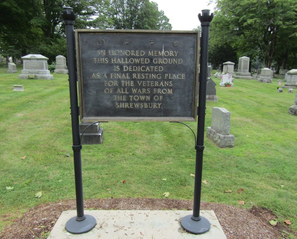 THE TOWN OF SHREWSBURY THIS HOLLOWED GROUND ALL WAR VETERANS MEMORIAL PLAQUE