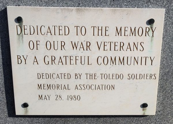 TOLEDO SOLDIERS MEMORIAL ASSOCIATION WAR VETERANS PLAQUE