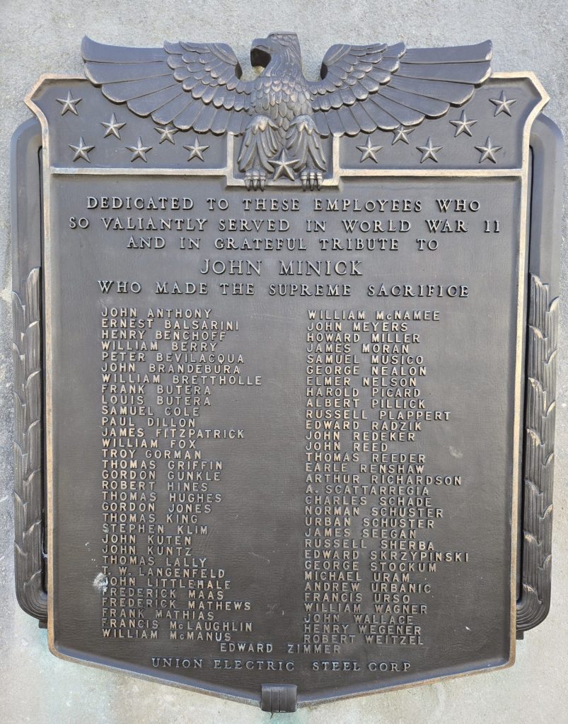 UNION ELECTRIC STEEL CORP WORLD WAR II HONOR ROLL MEMORIAL PLAQUE