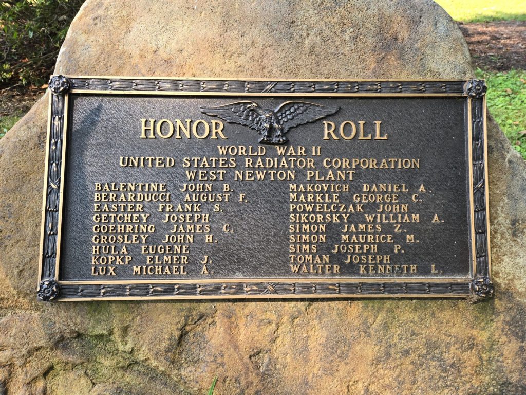 UNITED STATES RADIATOR CORPORATION WEST NEWTON PLANT WORLD WAR II HONOR ROLL MEMORIAL PLAQUE