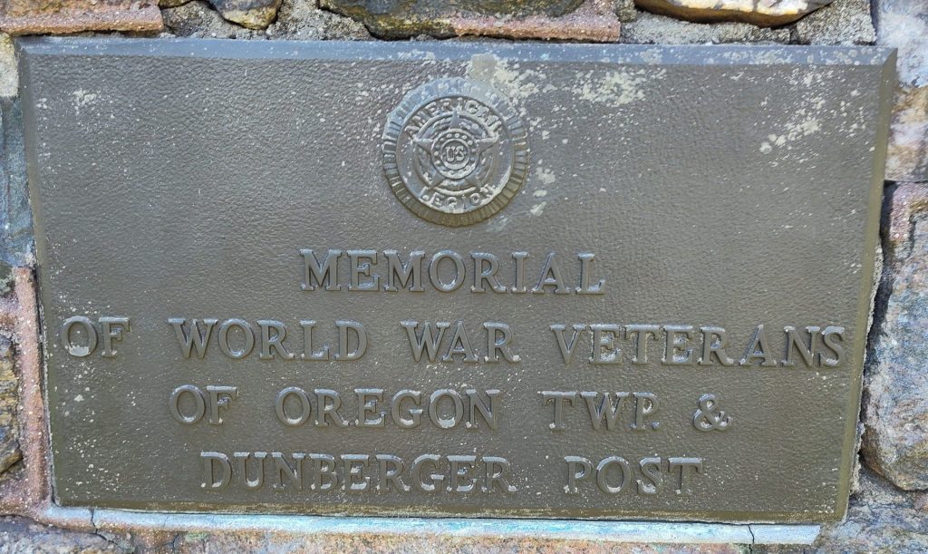 WORLD WAR VETERANS OF OREGON TWP & DUNBERGER POST MEMORIAL PLAQUE