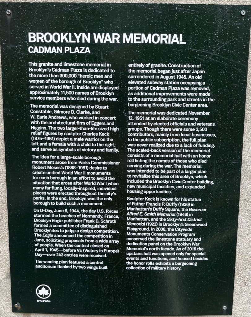 BROOKLYN WAR MEMORIAL PLAQUE