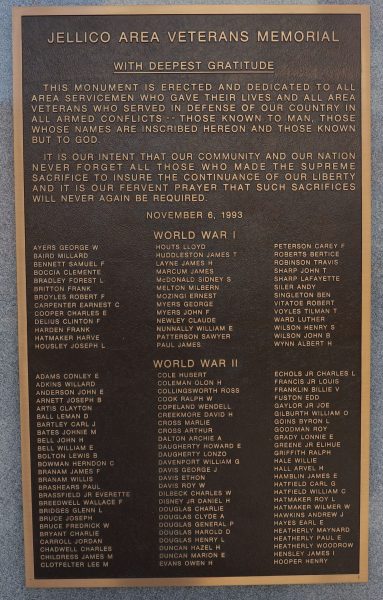 JELLICO AREA VETERANS MEMORIAL PLAQUE A