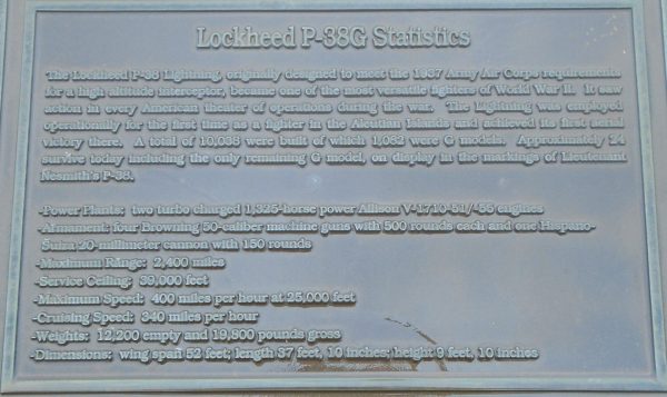 LOCKHEED P-38G STATISTICS WAR MEMORIAL PLAQUE