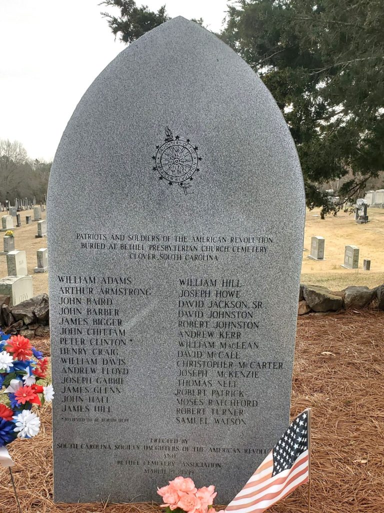 PATRIOTS AND SOLDIERS OF THE AMERICAN REVOLUTION BURIED AT BETHEL PRESBYTERIAN CHURCH CEMETERY MEMORIAL