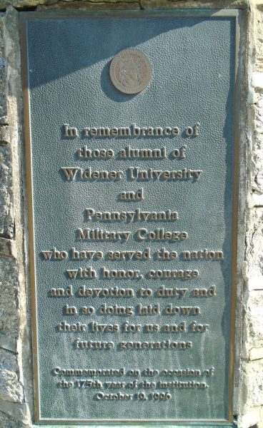 PENNSYLVANIA MILITARY COLLEGE WIDENER UNIVERSITY VETERANS MEMORIAL FLAGPOLE PLAQUE A