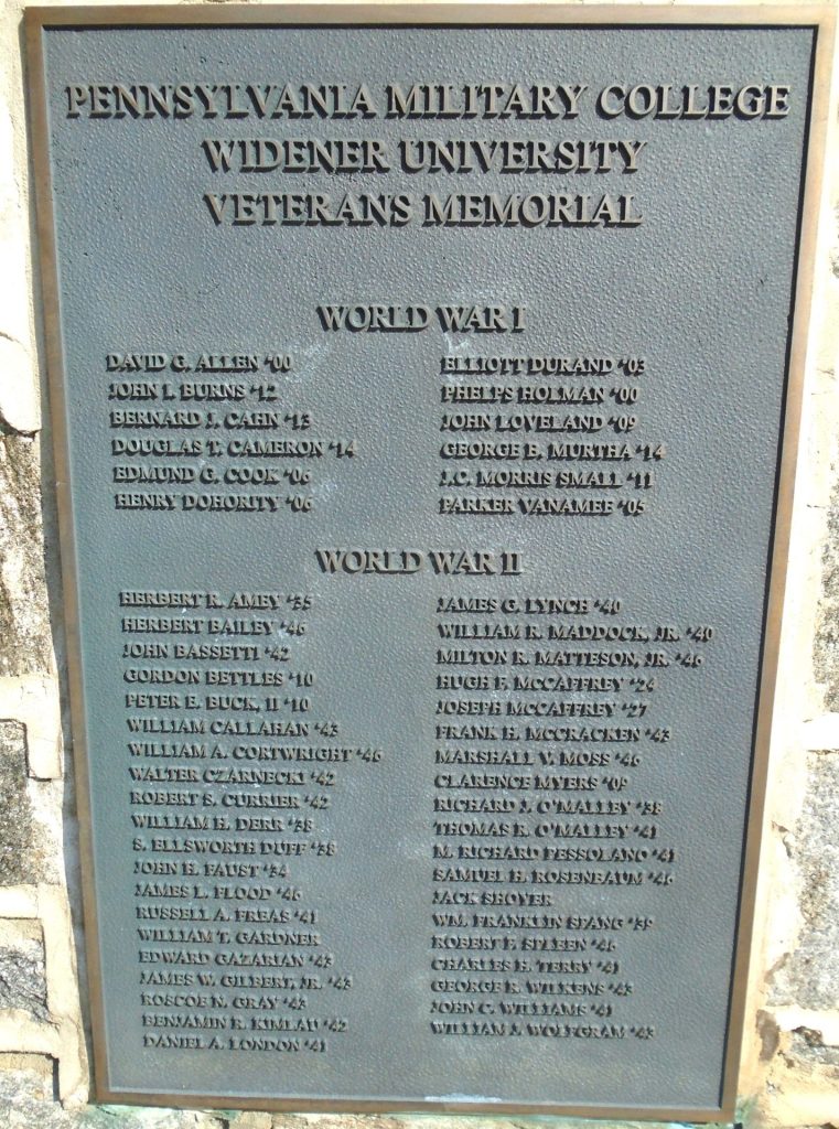 PENNSYLVANIA MILITARY COLLEGE WIDENER UNIVERSITY VETERANS MEMORIAL FLAGPOLE PLAQUE B