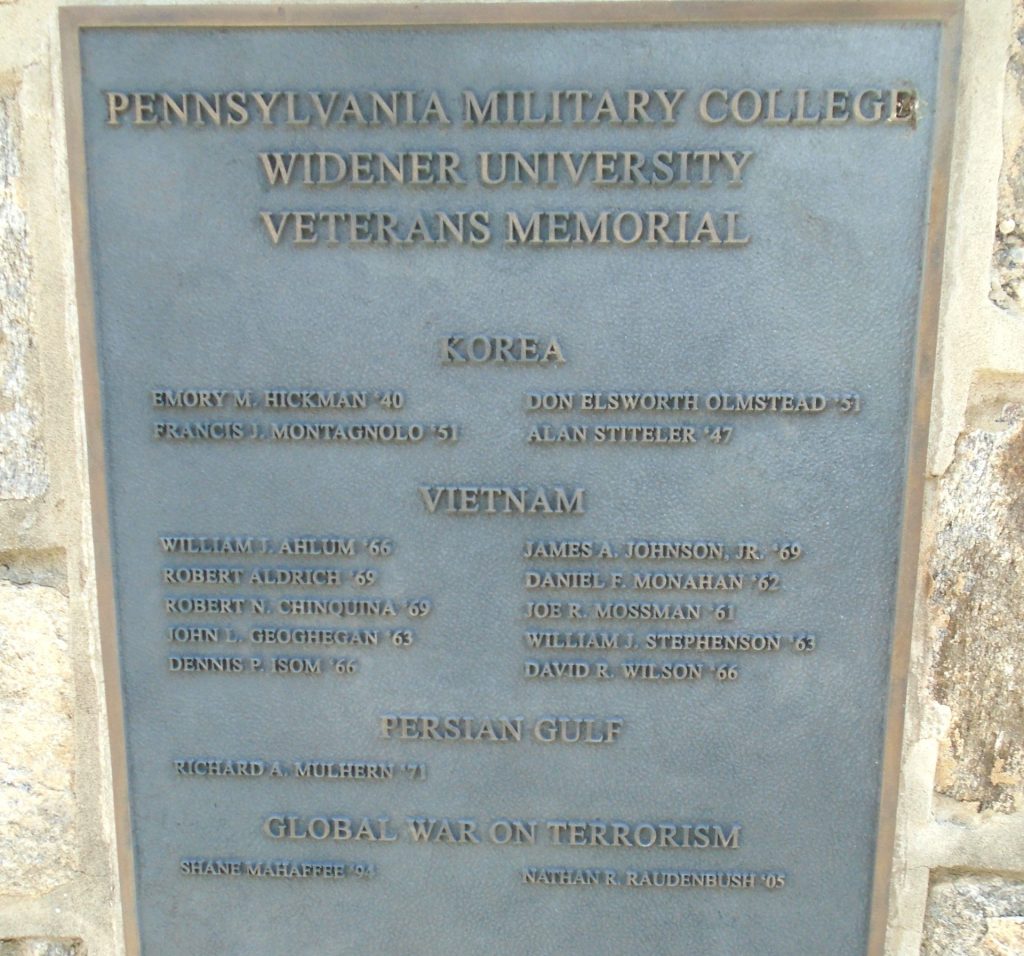 PENNSYLVANIA MILITARY COLLEGE WIDENER UNIVERSITY VETERANS MEMORIAL FLAGPOLE PLAQUE C