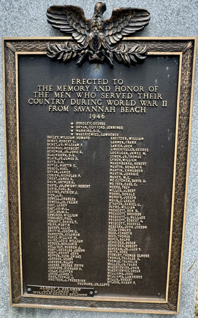 SAVANAH BEACH WORLD WAR II MEMORIAL PLAQUE