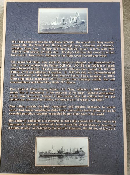 USS PLATTE (AO-186) WAR MEMORIAL ANCHOR PLAQUE