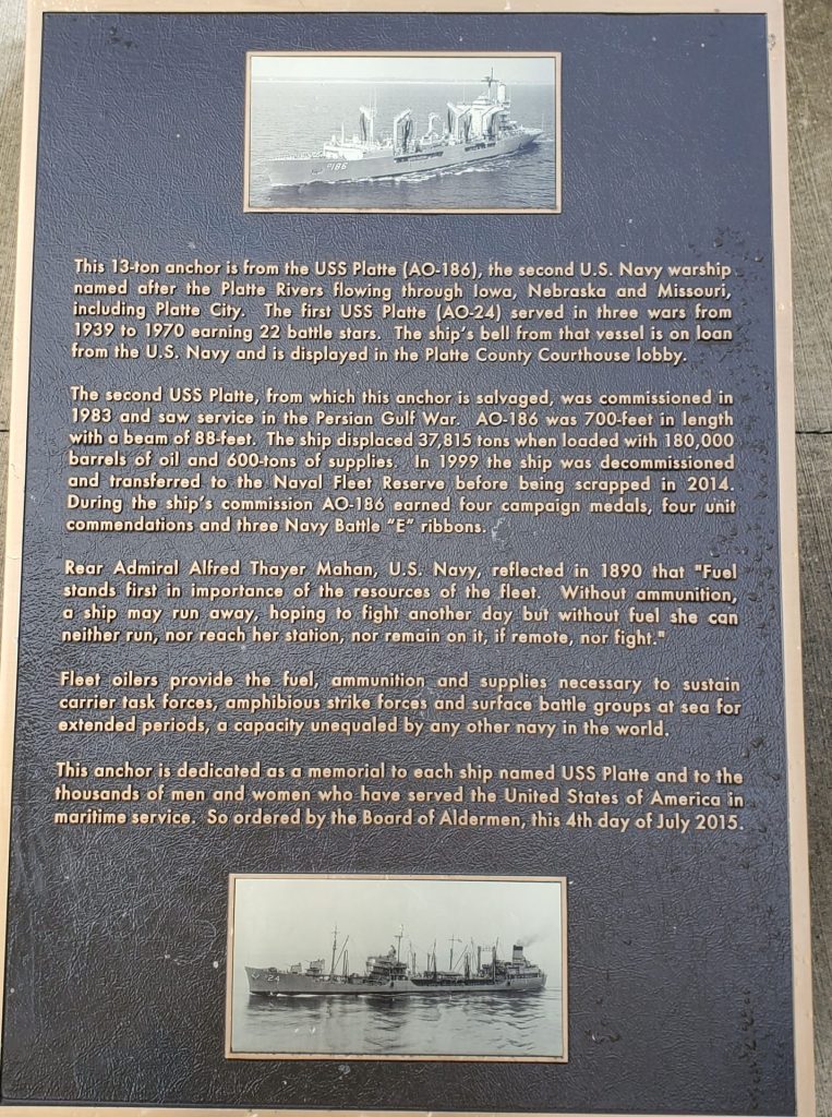 USS PLATTE (AO-186) WAR MEMORIAL ANCHOR PLAQUE