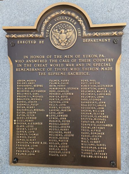 YUKON, PA. GREAT WORLD WAR MEMORIAL PLAQUE