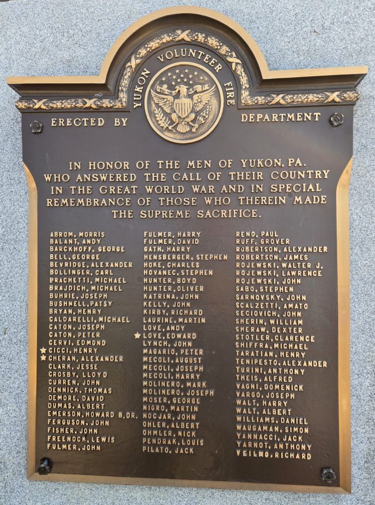 YUKON, PA. GREAT WORLD WAR MEMORIAL PLAQUE