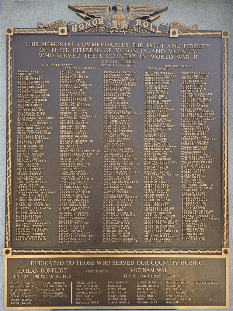 YUKON, PA. AND VICINITY WORLD WAR II MEMORIAL PLAQUE