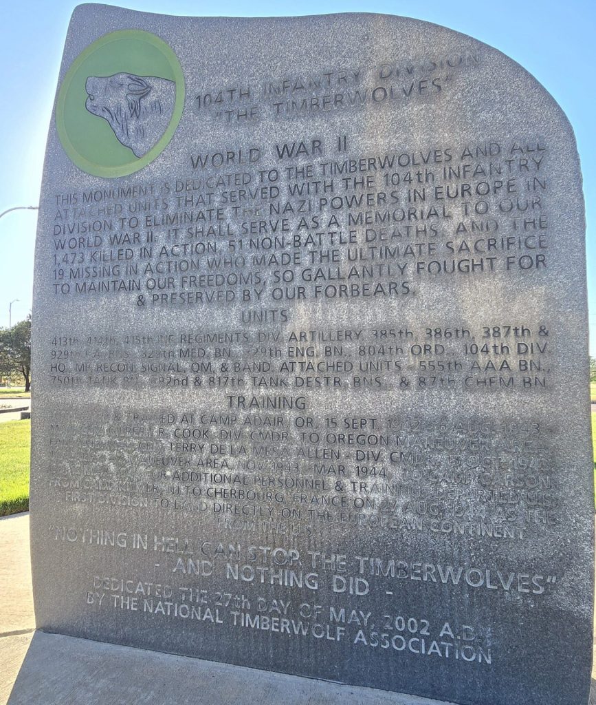 104TH INFANTRY DIVISION THE TIMBERWOLVES WAR MEMORIAL FRONT