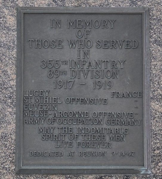 355TH INFANTRY, 89TH DIVISION WAR MEMORIAL PLAQUE
